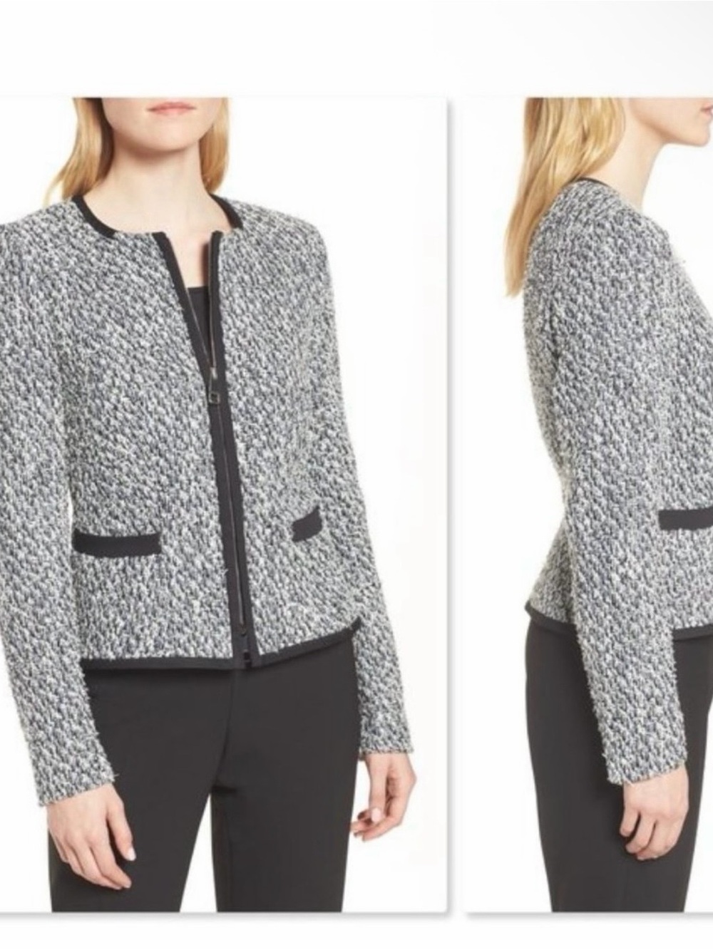 Hugo Boss Women's Black & White Tweed Zip-Front Jacket Kalaila